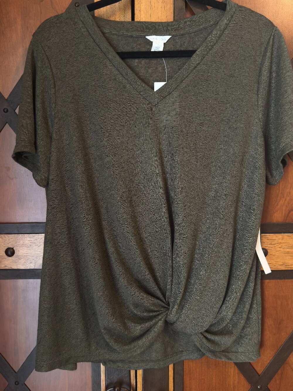 Caslon NWT Olive Green Twist Knot Front V Neck Tee Lightweight Knit Sz L